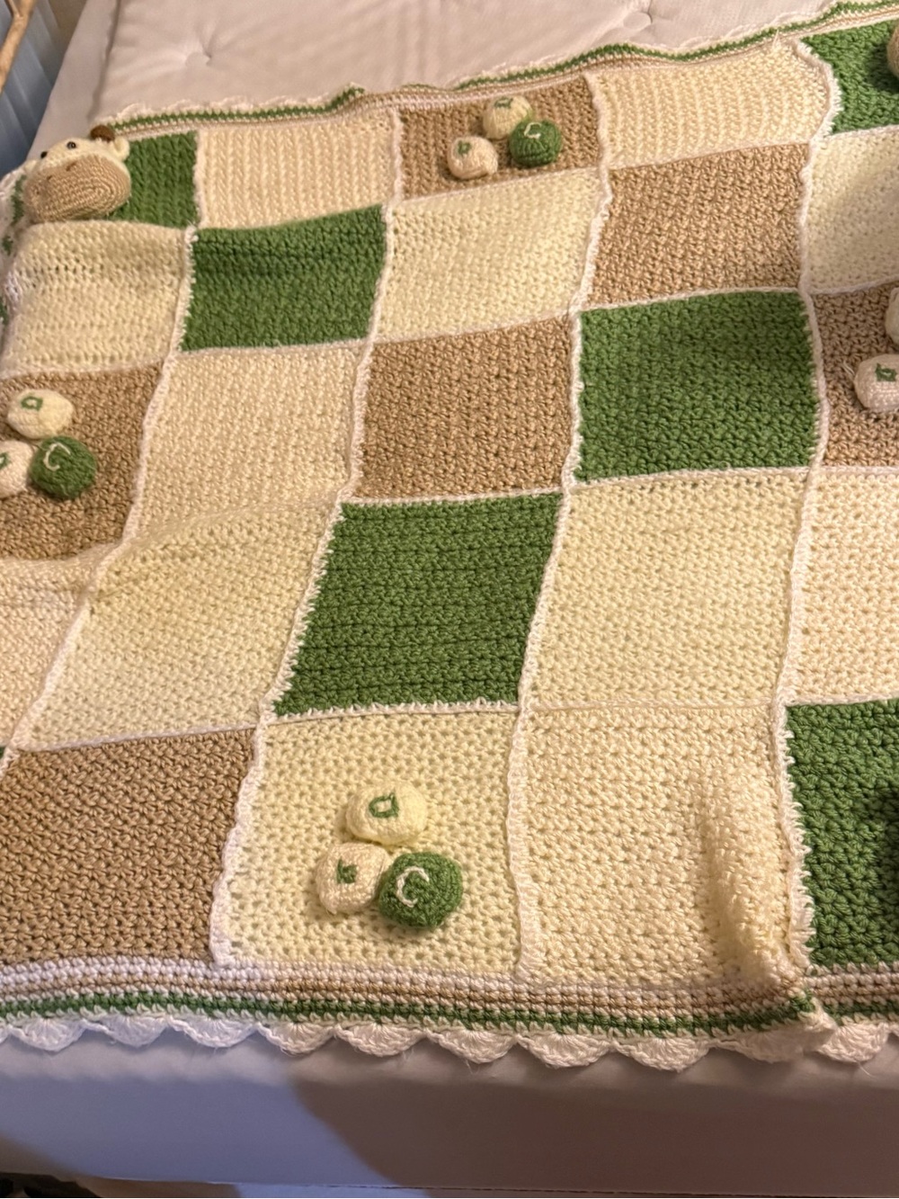 Handmade Vintage Crochet Baby Blanket in Green, Cream & Tan Cows and ABCs Cute!